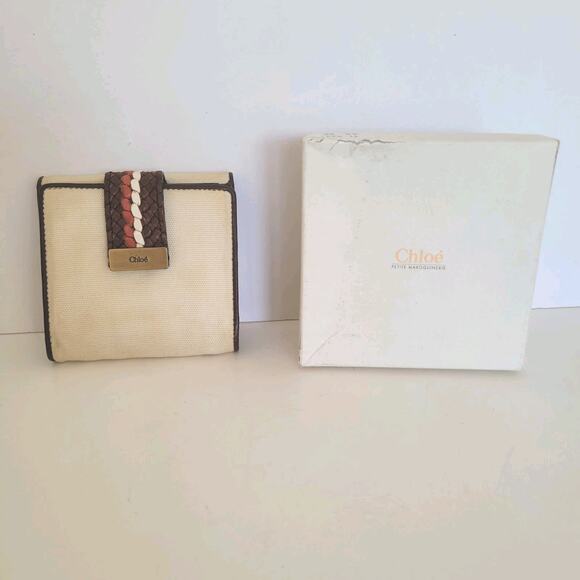 Chloe Canvas Leather Bifold Wallet Tan Brown Compact Bifold Small Box - Picture 1 of 10